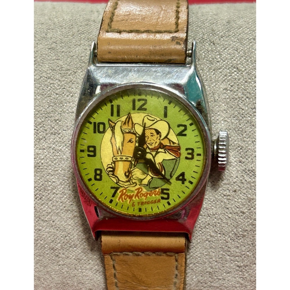 Vintage 1950s ROY ROGERS & TRIGGER Green Round Mens Watch Original Band READ